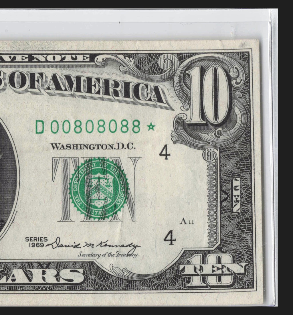 Binary Flipper 0s 8s Fancy Serial Number Star Note Ten Dollar Bill 1969 D* Block