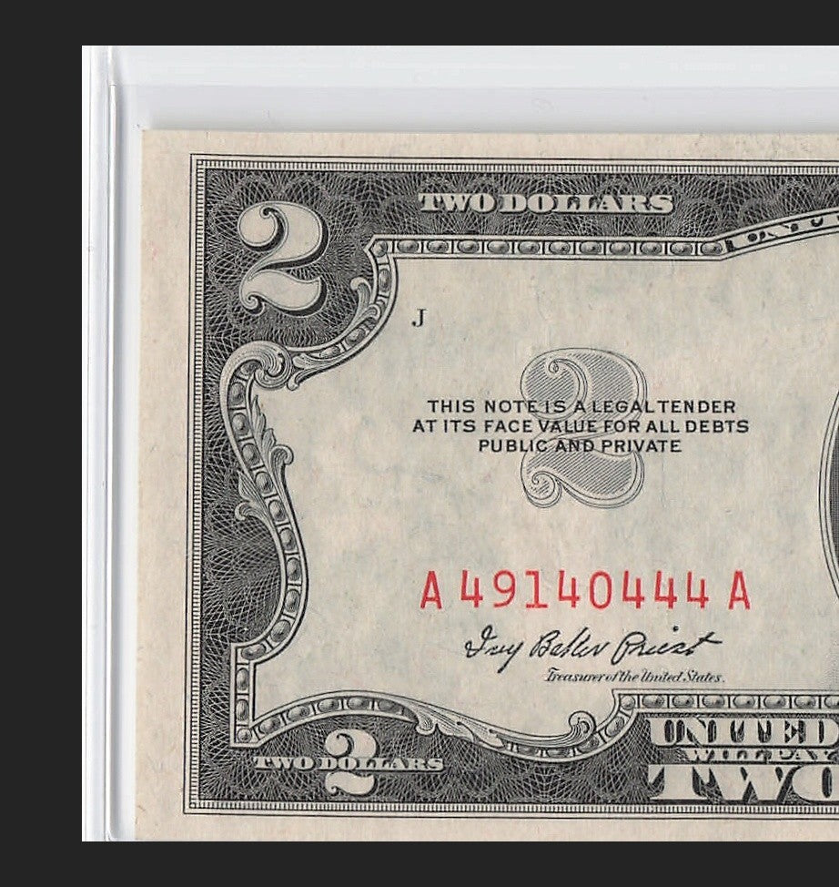 Five of a Kind 4s Fancy Serial Number Two Dollar Red Seal $2 1953A
