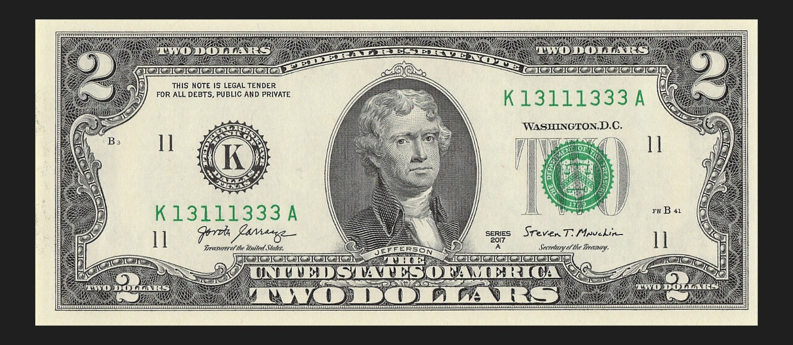 Binary Two Dollar Bill Fancy Serial Number 2017A $2 Dallas Binary 3s 1s