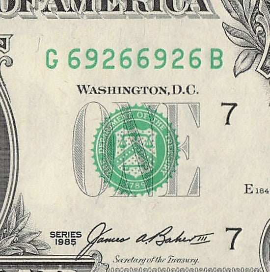 Repeater Fancy Serial Number One Dollar Bill 1985 2s 6s 9s GB Block Trinary
