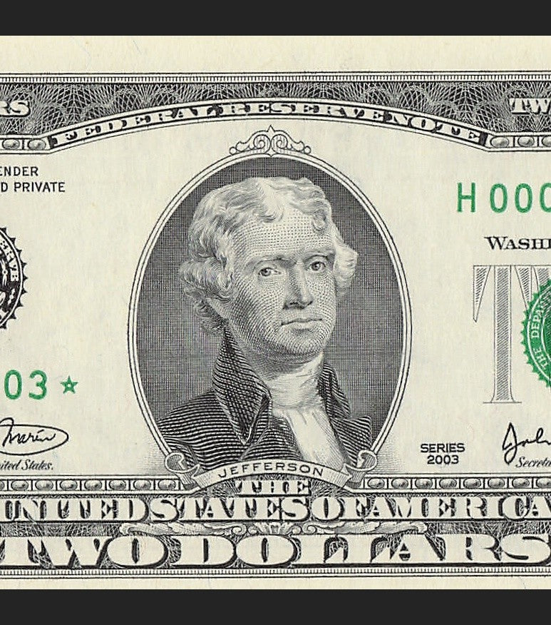 Binary Low Serial Number Star Note Two Dollar Bill H00003303* 3s 0s St Louis