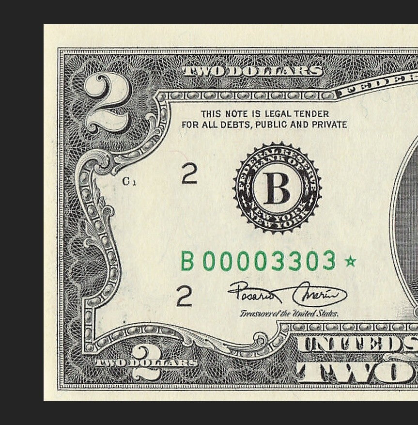 Binary Low Serial Number Star Note Two Dollar Bill B00003303* 0s 3s New York