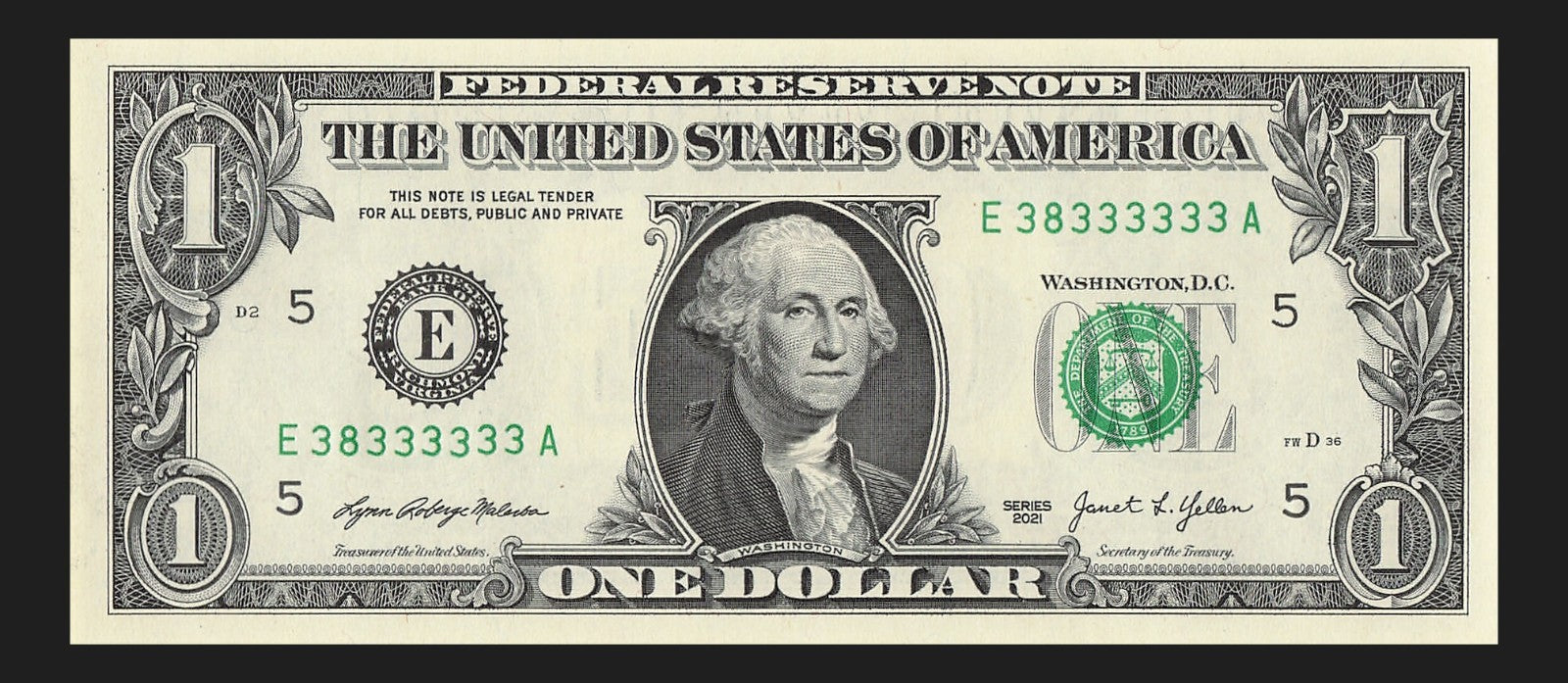Seven of a Kind 3s One Dollar Bill Fancy Serial Number 2021 $1 EA Block