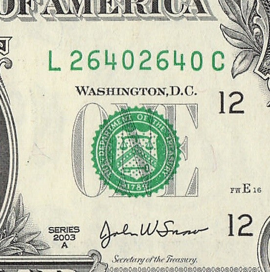 Repeater Fancy Serial Number One Dollar Bill 2s 4s 6s 0s 2003A LA Block