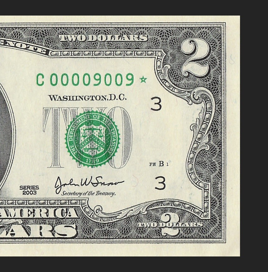 Binary Low Serial Number Star Note Two Dollar Bill C00009009* 9s 0s Philadelphia