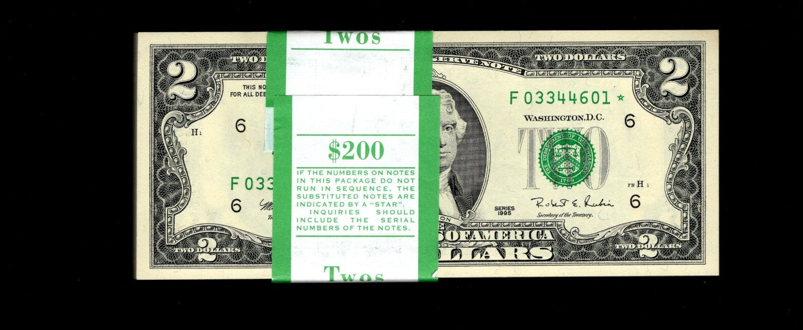 1995 $2 Two Dollar Star Note Lot of 1 UNC Fresh From BEP 640K Run