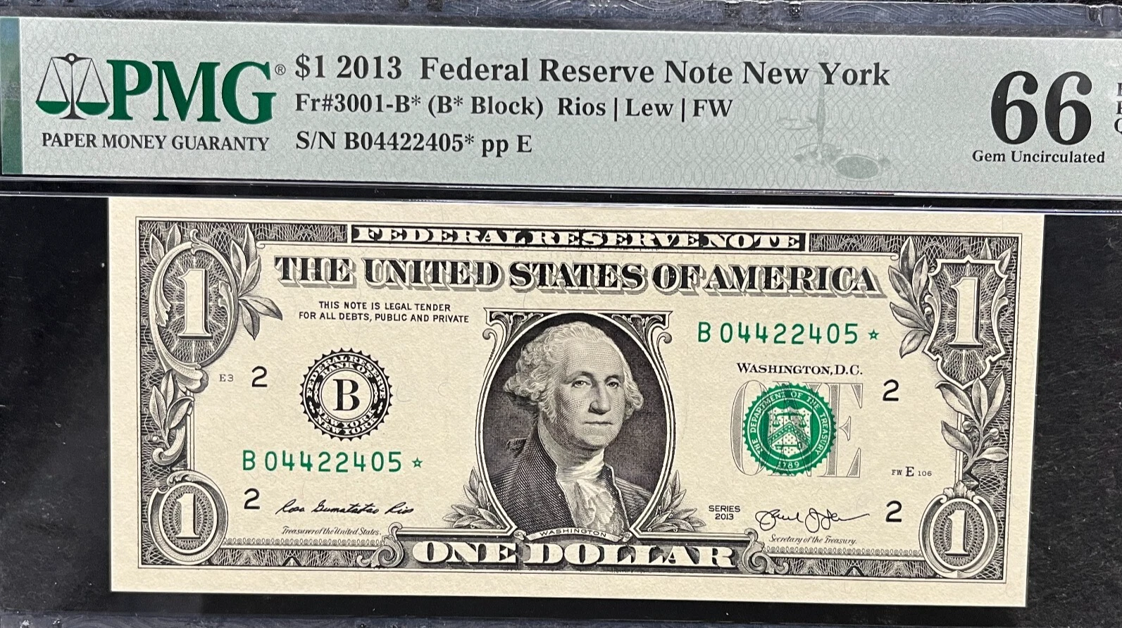 2013 B Duplicate Star Note Error One Dollar Bill B04422405* 66 EPQ FW