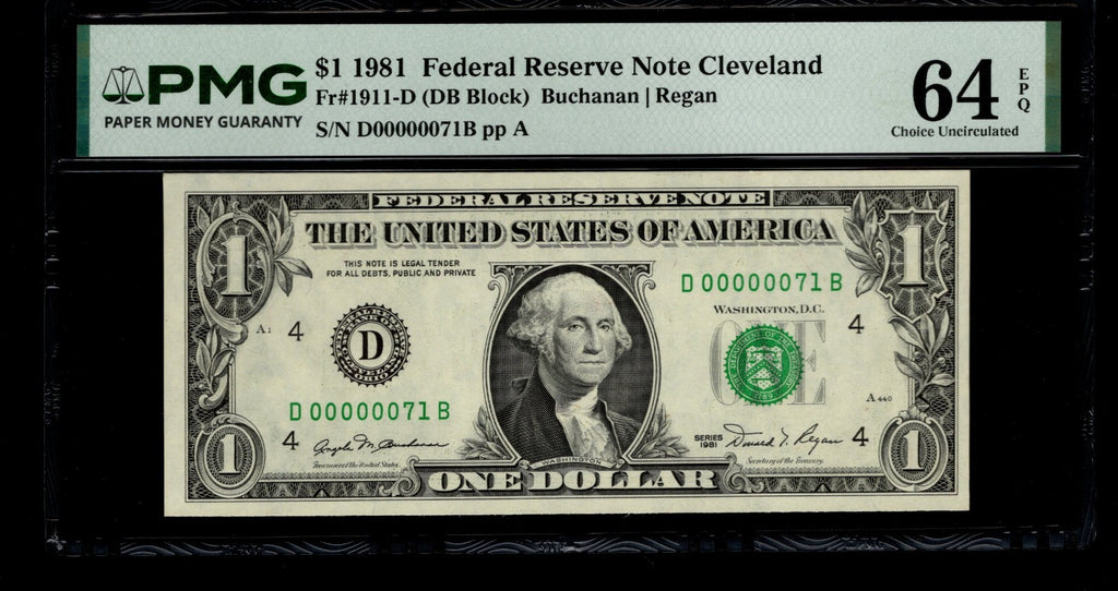 Low Serial Number 71 Fancy Serial Number One Dollar Bill PMG D00000071B