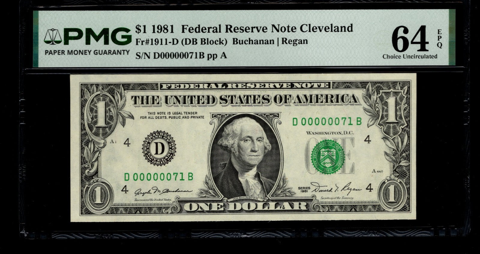 Low Serial Number 71 Fancy Serial Number One Dollar Bill PMG D00000071B