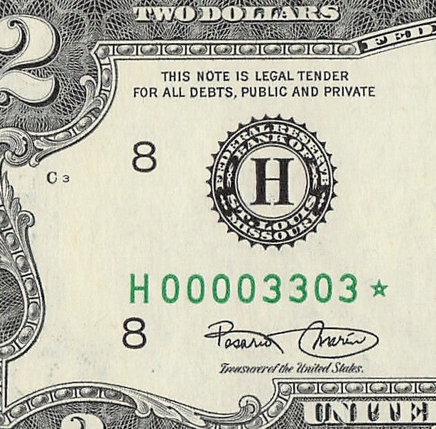 Binary Low Serial Number Star Note Two Dollar Bill H00003303* 3s 0s St Louis