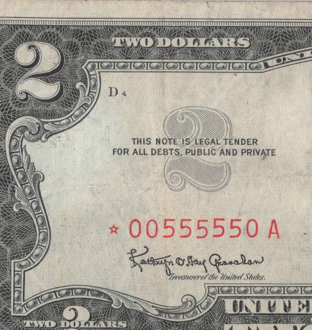 Binary 0s 5s Fancy Serial Number Two Dollar Red Seal Star Note Five in a Row 5s