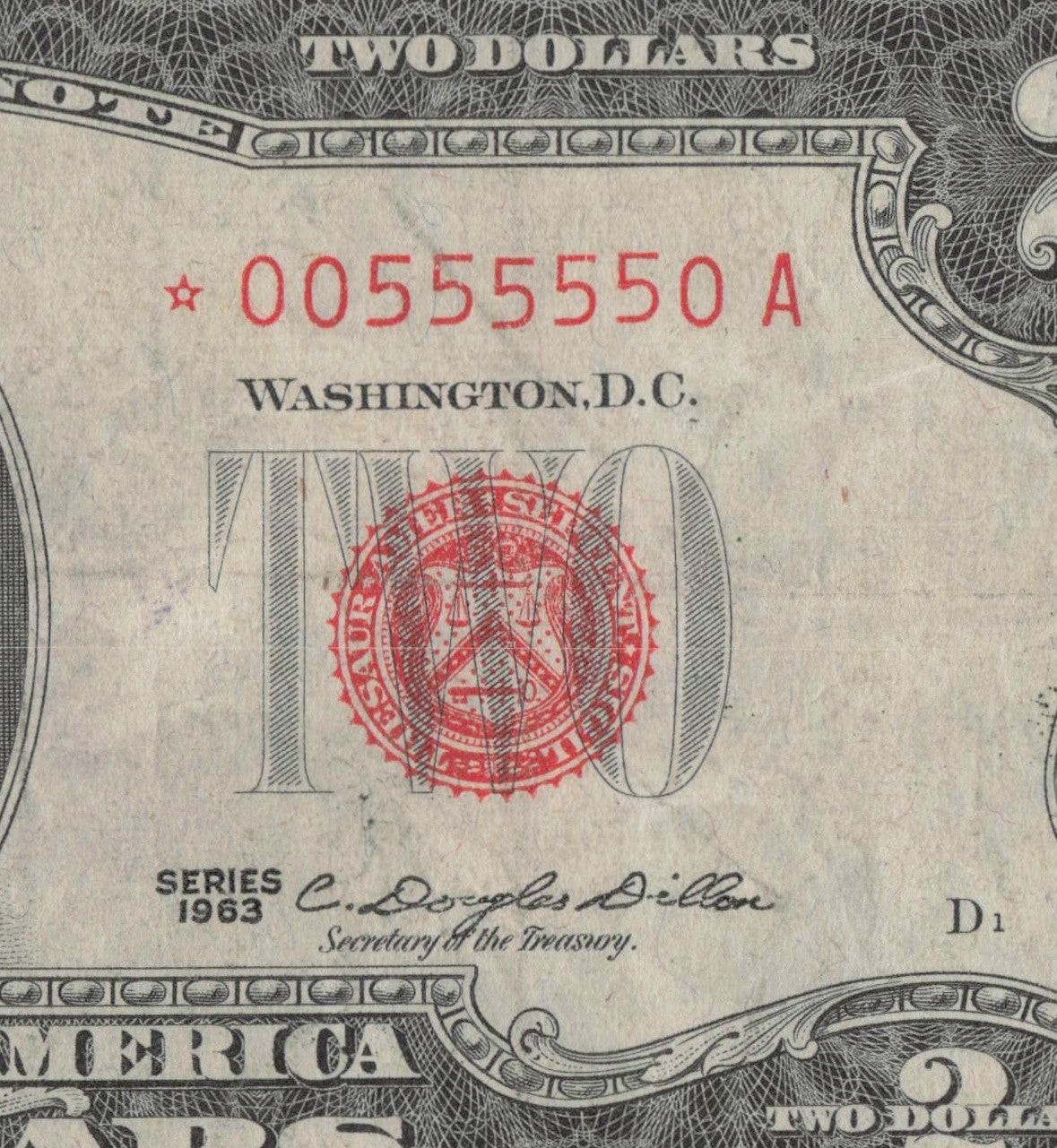 Binary 0s 5s Fancy Serial Number Two Dollar Red Seal Star Note Five in a Row 5s