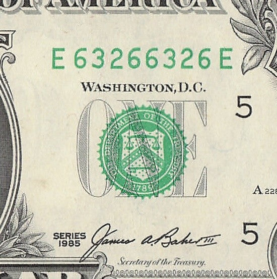 Repeater Fancy Serial Number One Dollar Bill 1985 2s 3s 6s EE Block Trinary
