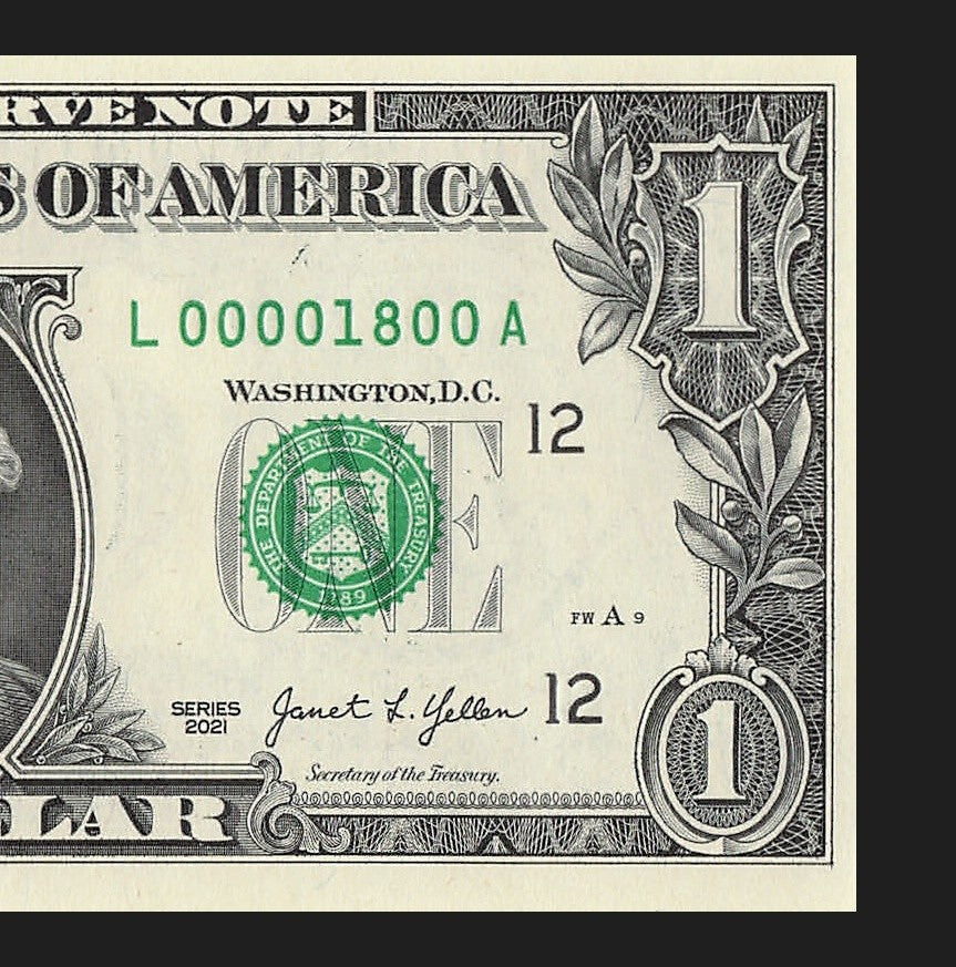Low Serial Number One Dollar Bill 18 2021 LA Block $1