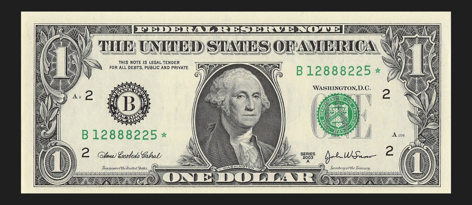 Star Note One Dollar Bill 2003A $1 B* Block New York Run 5 320K Sheet