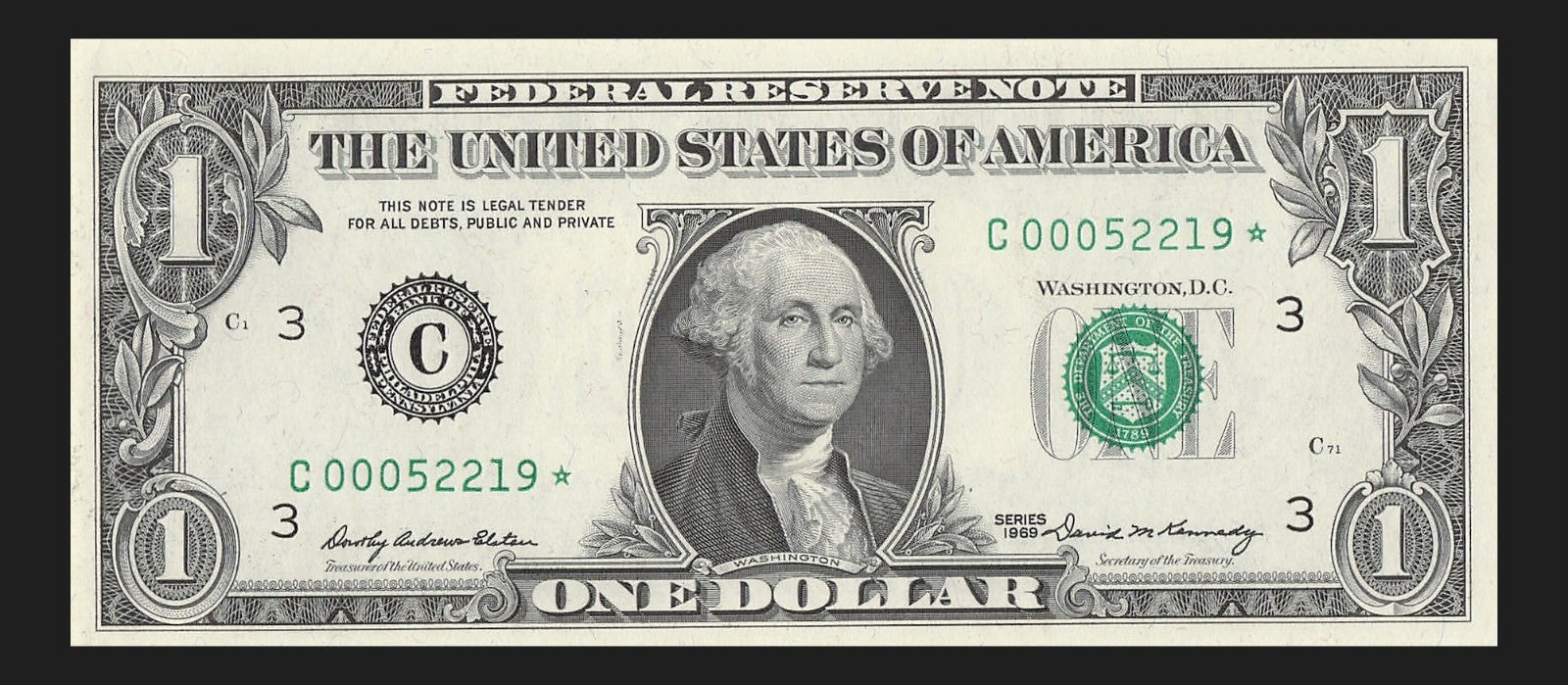 Star Note One Dollar Bill 1969 $1 C* Block Philadelphia Run 1 640K Low Serial