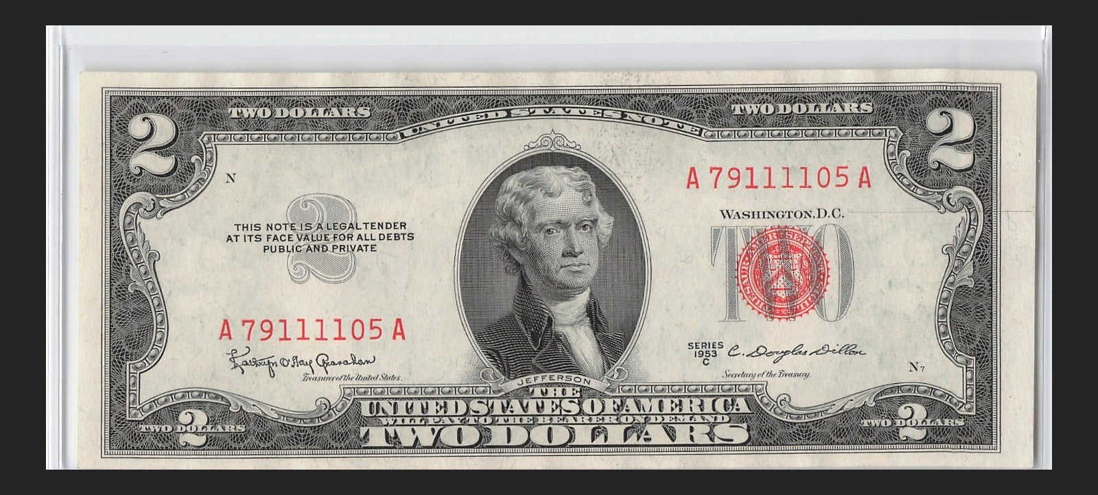 Four in a Row 1s Fancy Serial Number Two Dollar Red Seal 1953C $2 POS 3