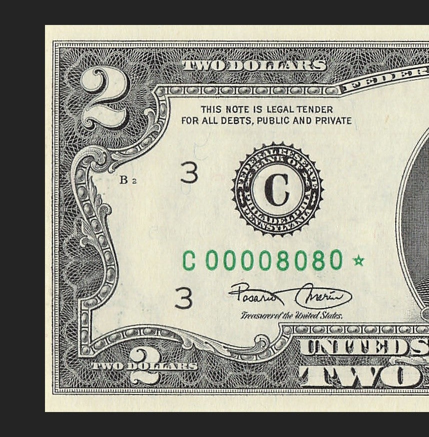 Binary Low Serial Number Star Note Two Dollar Bill C00008080* 8s 0s Philadelphia