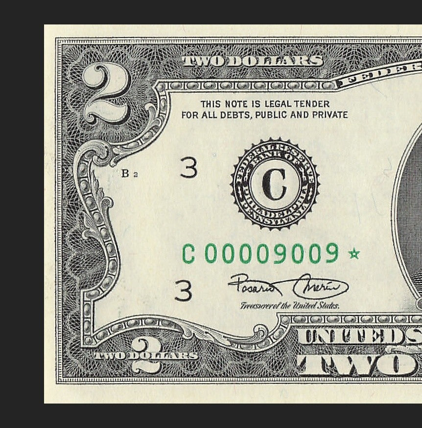Binary Low Serial Number Star Note Two Dollar Bill C00009009* 9s 0s Philadelphia