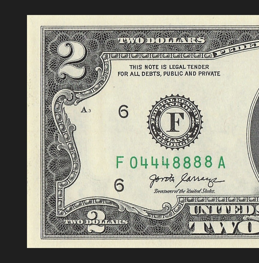 Two Dollar Bill Fancy Serial Number 2017A $2 Triple Quad Trinary 0s 4s 8s