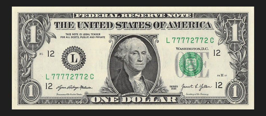 Binary Fancy Serial Number One Dollar Bill 2021 $1 Six of a Kind 2s 7s