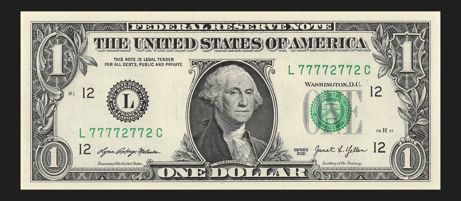 Binary Fancy Serial Number One Dollar Bill 2021 $1 Six of a Kind 2s 7s