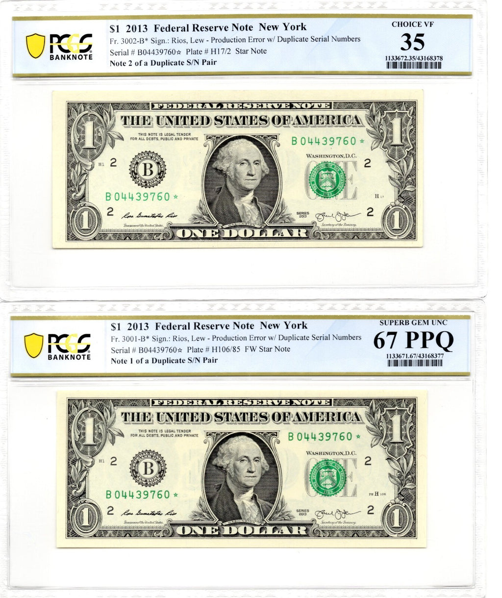 First Ever PCGS Graded 2013 B Duplicate Star Note Pair B04439760* TOP POP 67 35