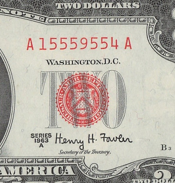 Five of a Kind 5s Fancy Serial Number Two Dollar Red Seal $2 1963A