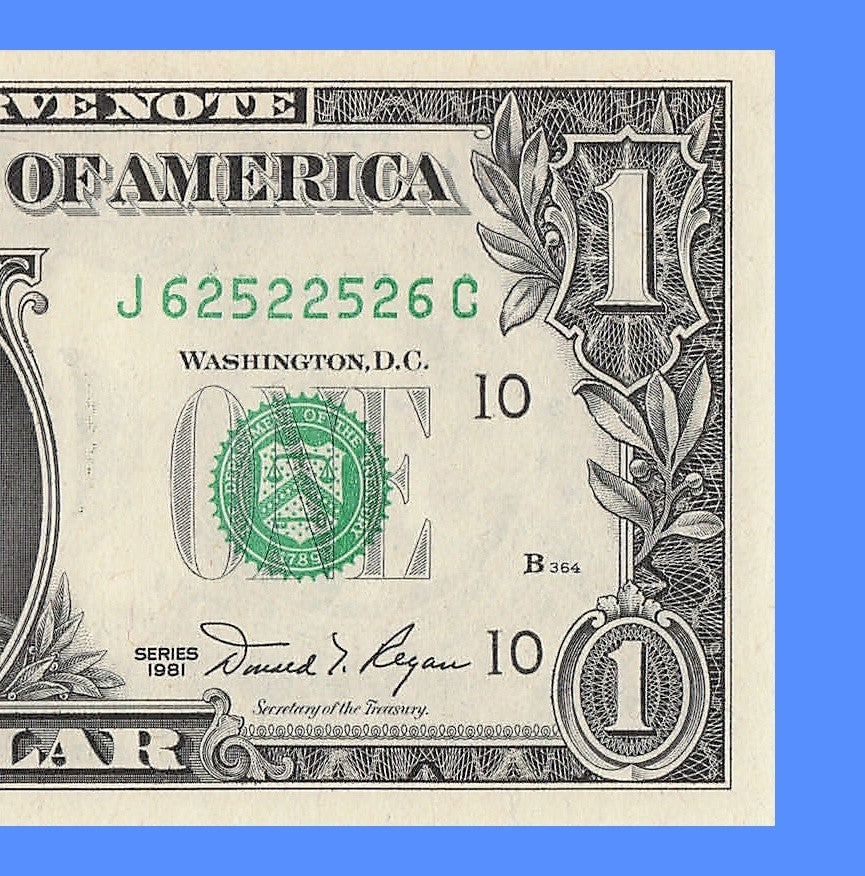 Radar Fancy Serial Number One Dollar Bill 1981 2s 5s 6s JC Trinary