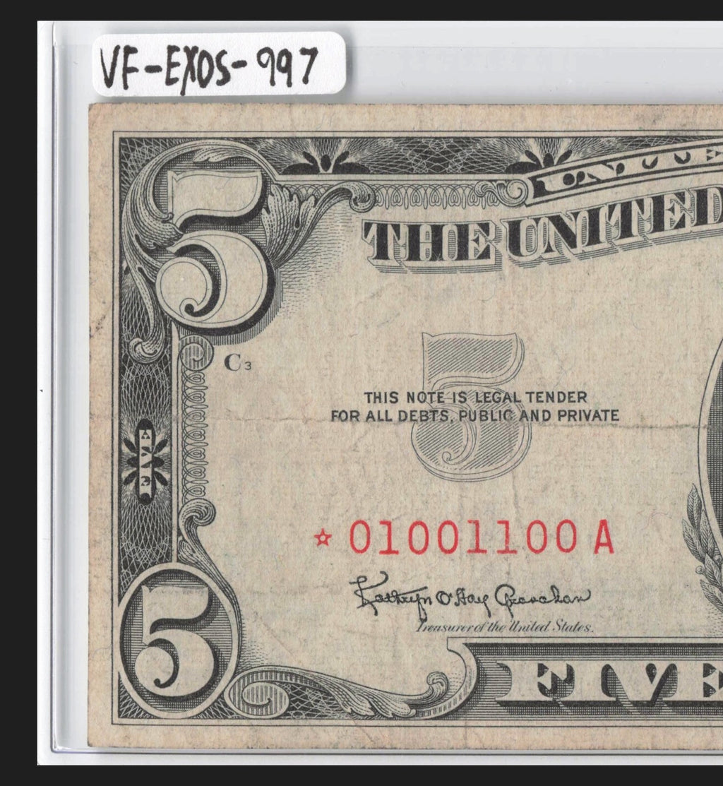 True Binary Star Note 0s 1s Fancy Serial Number Five Dollar Red Seal 1963