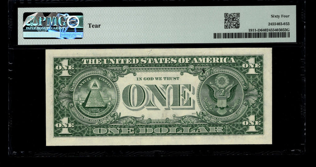 Low Serial Number 33 Fancy Serial Number One Dollar Bill PMG D00000033B