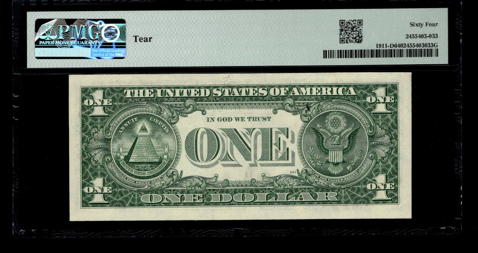 Low Serial Number 33 Fancy Serial Number One Dollar Bill PMG D00000033B
