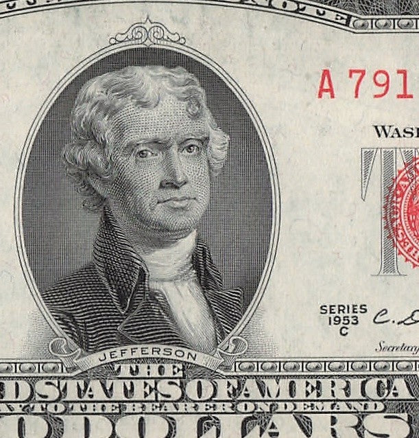 Four in a Row 1s Fancy Serial Number Two Dollar Red Seal 1953C $2 POS 3