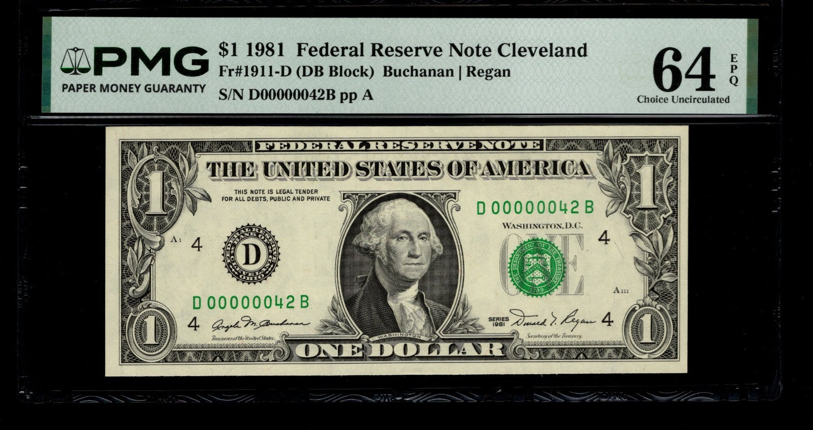 Low Serial Number 42 Fancy Serial Number One Dollar Bill PMG D00000042B