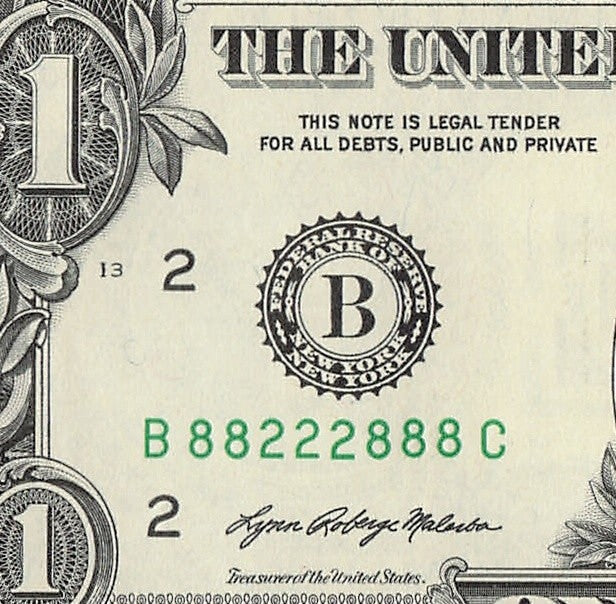 Binary Fancy Serial Number One Dollar Bill 2021 $1 BC Block 2s 8s