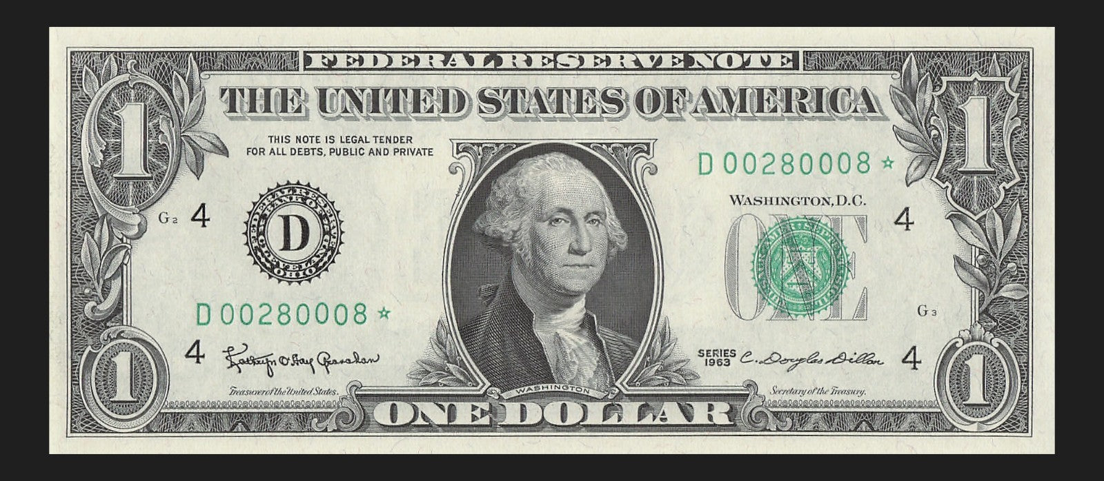 Star Note One Dollar Bill 1963 $1 D* Block Cleveland Run 1 Low Serial Trinary