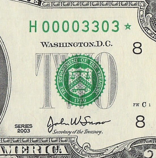 Binary Low Serial Number Star Note Two Dollar Bill H00003303* 3s 0s St Louis