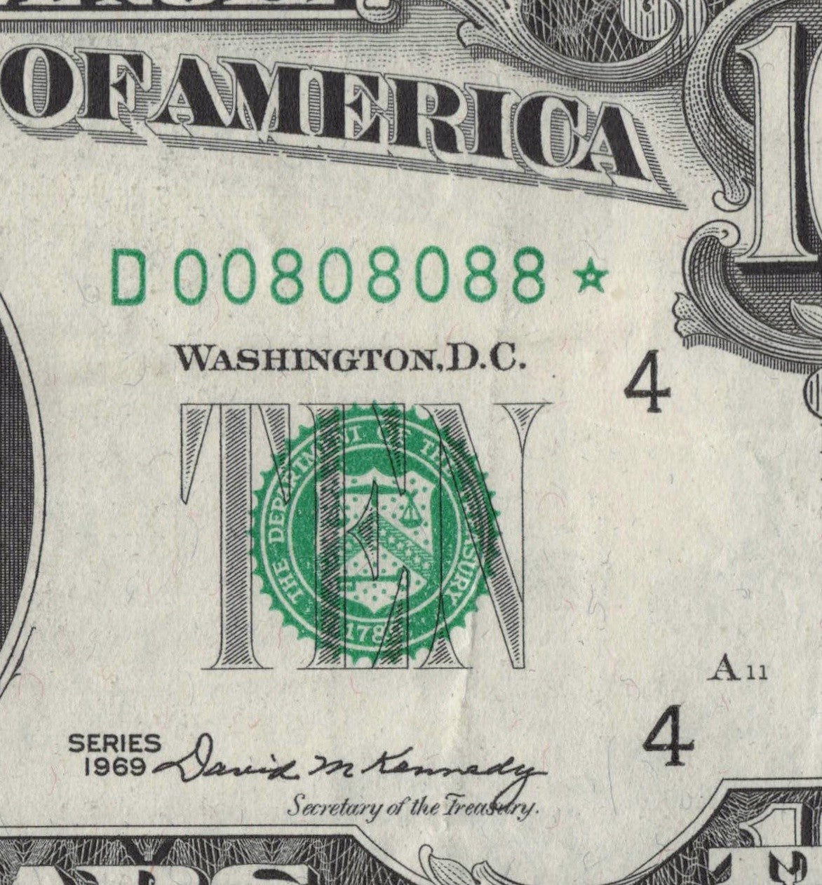 Binary Flipper 0s 8s Fancy Serial Number Star Note Ten Dollar Bill 1969 D* Block