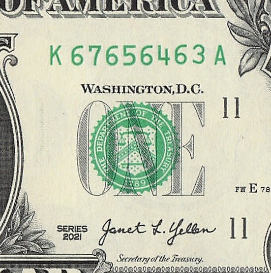 Mini Counting Ladder One Dollar Bill Fancy Serial Number 2021 $1 KA 65 64 63