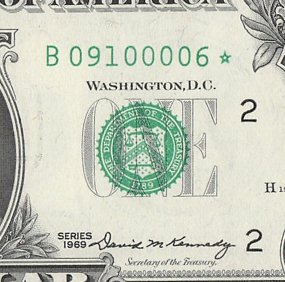 Star Note One Dollar Bill 1969 $1 B* Block New York Run 15 640K UNC Five kind 0s