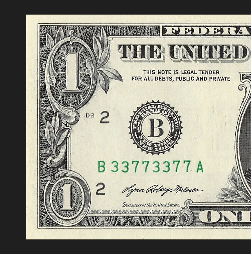 Binary Repeater Fancy Serial Number One Dollar Bill 3s 7s 2021 BA Block $1