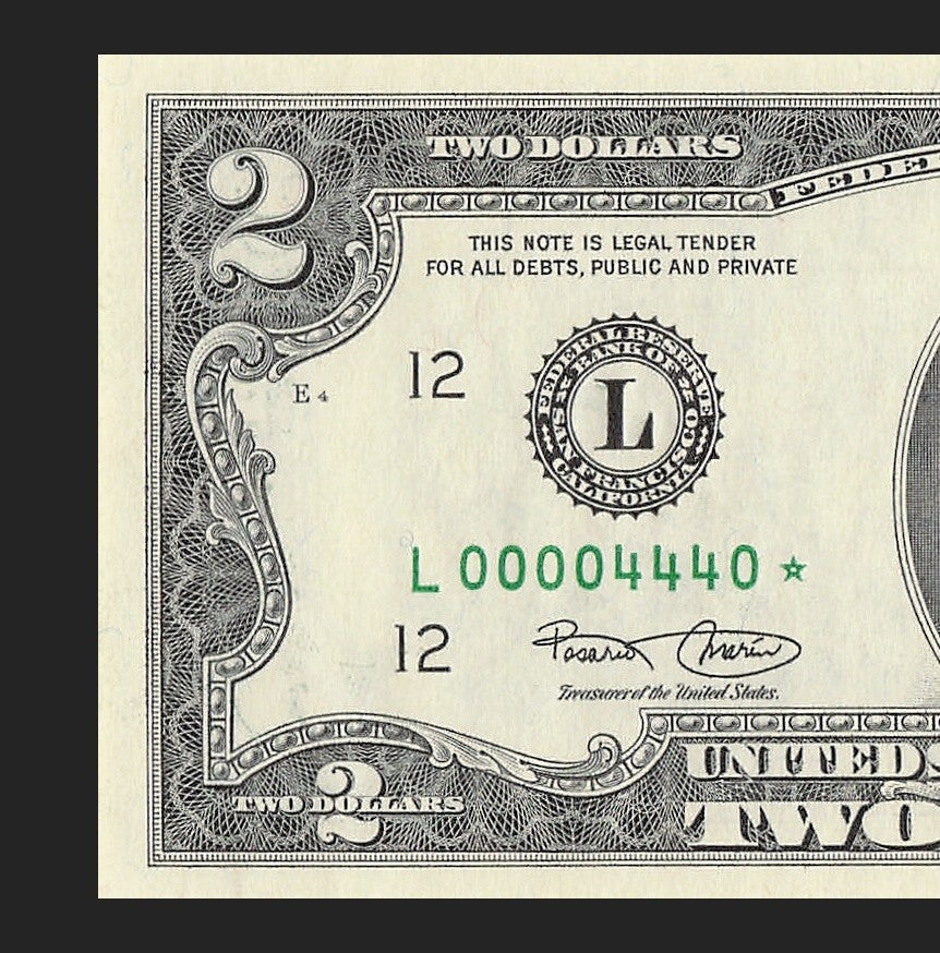 Binary Low Serial Number Star Note Two Dollar Bill L00004440* 4s 0s 444