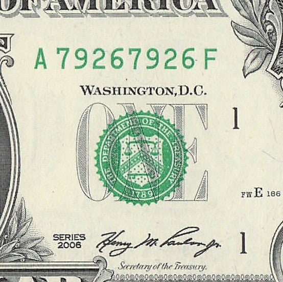 Repeater Fancy Serial Number One Dollar Bill 2s 7s 6s 9s 2006 AF Block