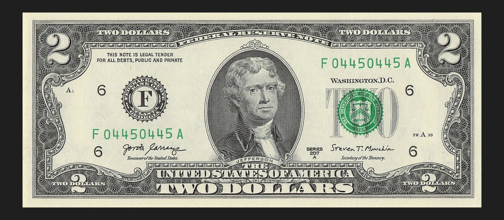 Repeater Two Dollar Bill Fancy Serial Number 2017A $2 Trinary 0s 4s 5s
