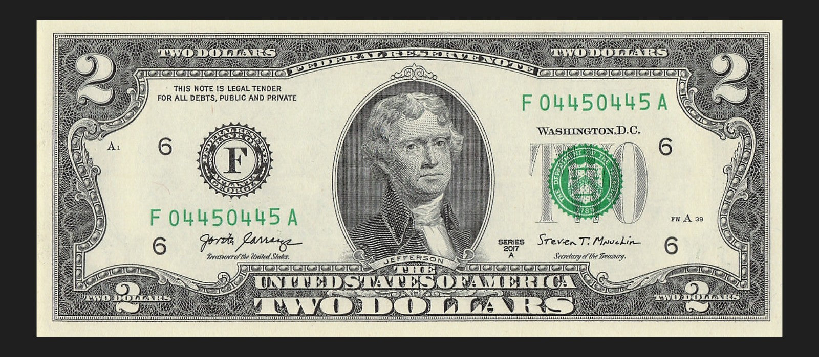 Repeater Two Dollar Bill Fancy Serial Number 2017A $2 Trinary 0s 4s 5s