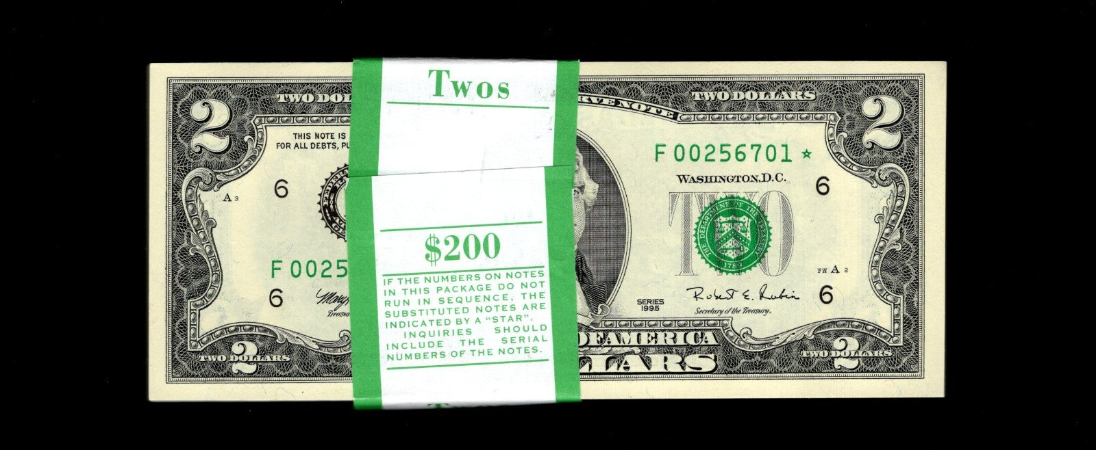 1995 $2 Two Dollar Star Note Lot of 1 UNC Fresh From BEP 512000 Run