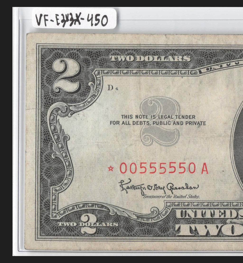 Binary 0s 5s Fancy Serial Number Two Dollar Red Seal Star Note Five in a Row 5s