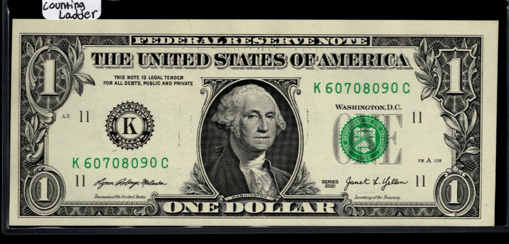 Counting Ladder Fancy Serial Number One Dollar Bill 60 70 80 90 KC Block $1 2021