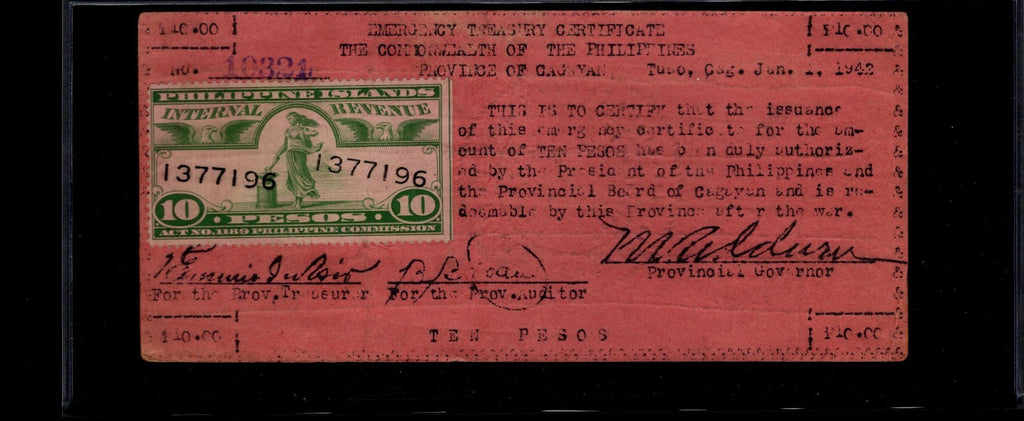 CAGAYAN Province Emergency Treasury Certificate 10 Pesos Internal Revenue Stamp