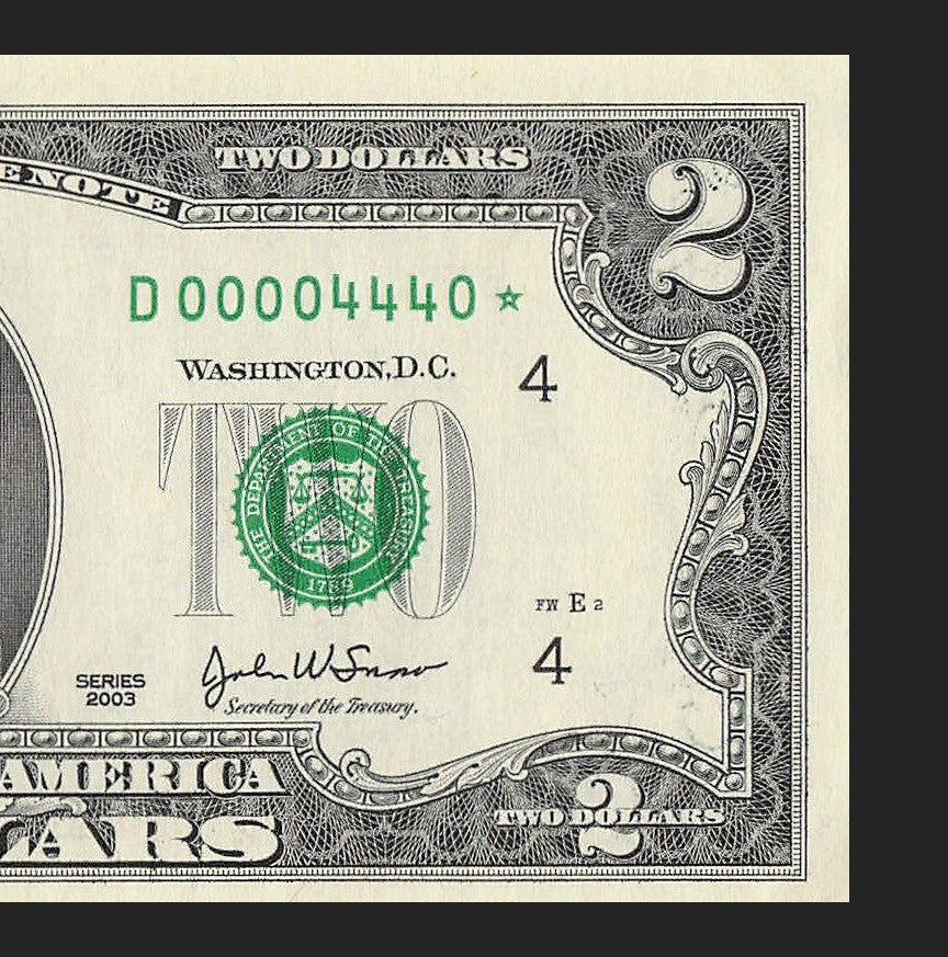 Binary Low Serial Number Star Note Two Dollar Bill D00004440* 4s 0s Cleveland